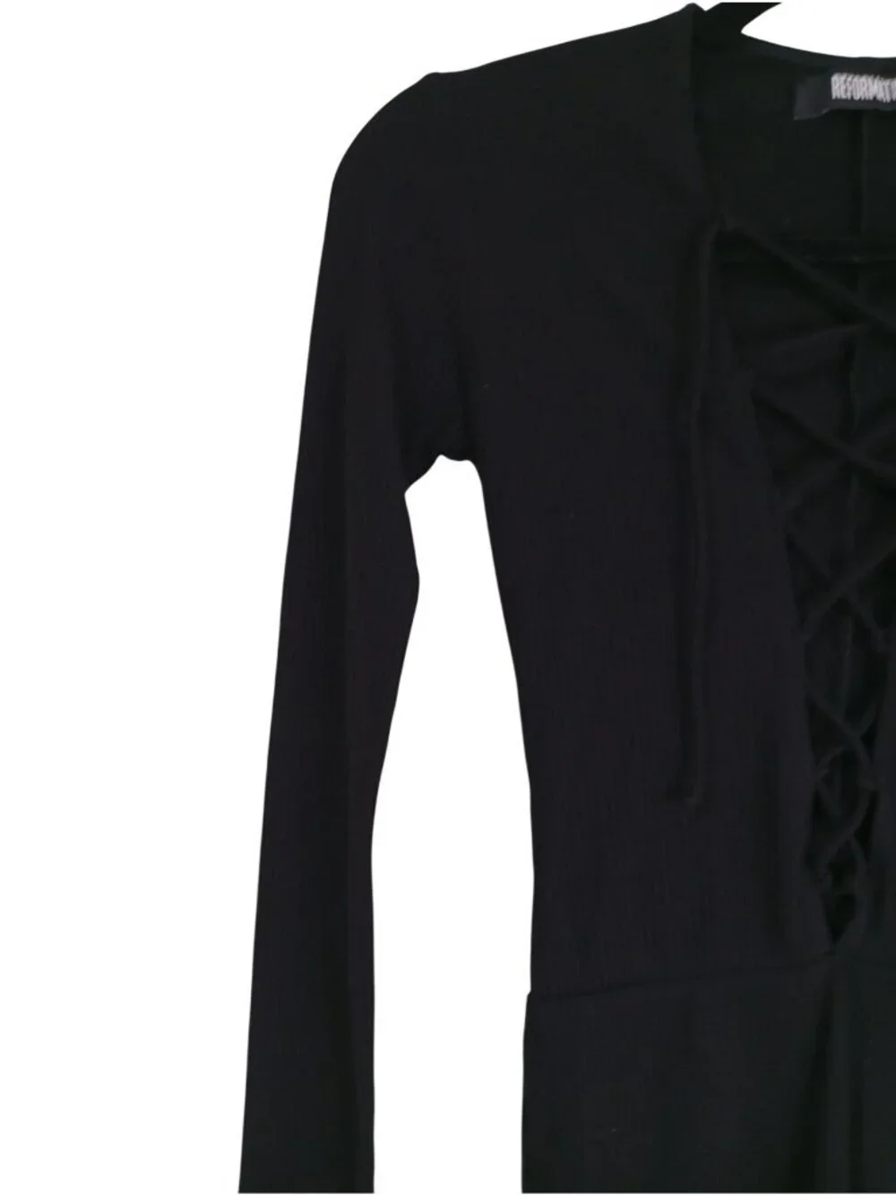 Reformation Black Long Sleeve Ribbed Lace-Up Front Bodysuit XS Womens USA-Made
